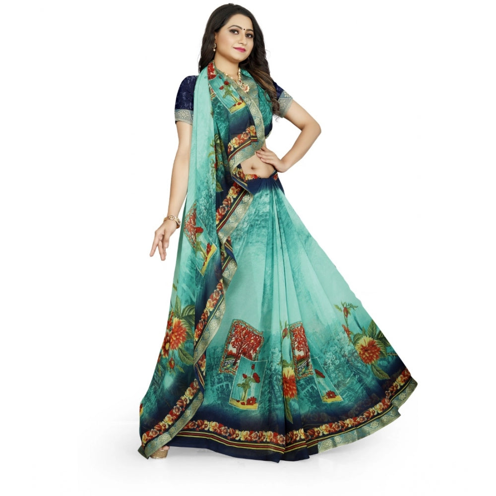 Women's Georgette Floral Print Saree With Unstitched Blouse 5.5Mtr (Light Blue)