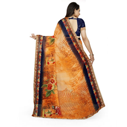 Women's Georgette Floral Print Saree With Unstitched Blouse 5.5Mtr (Blue-Orange)