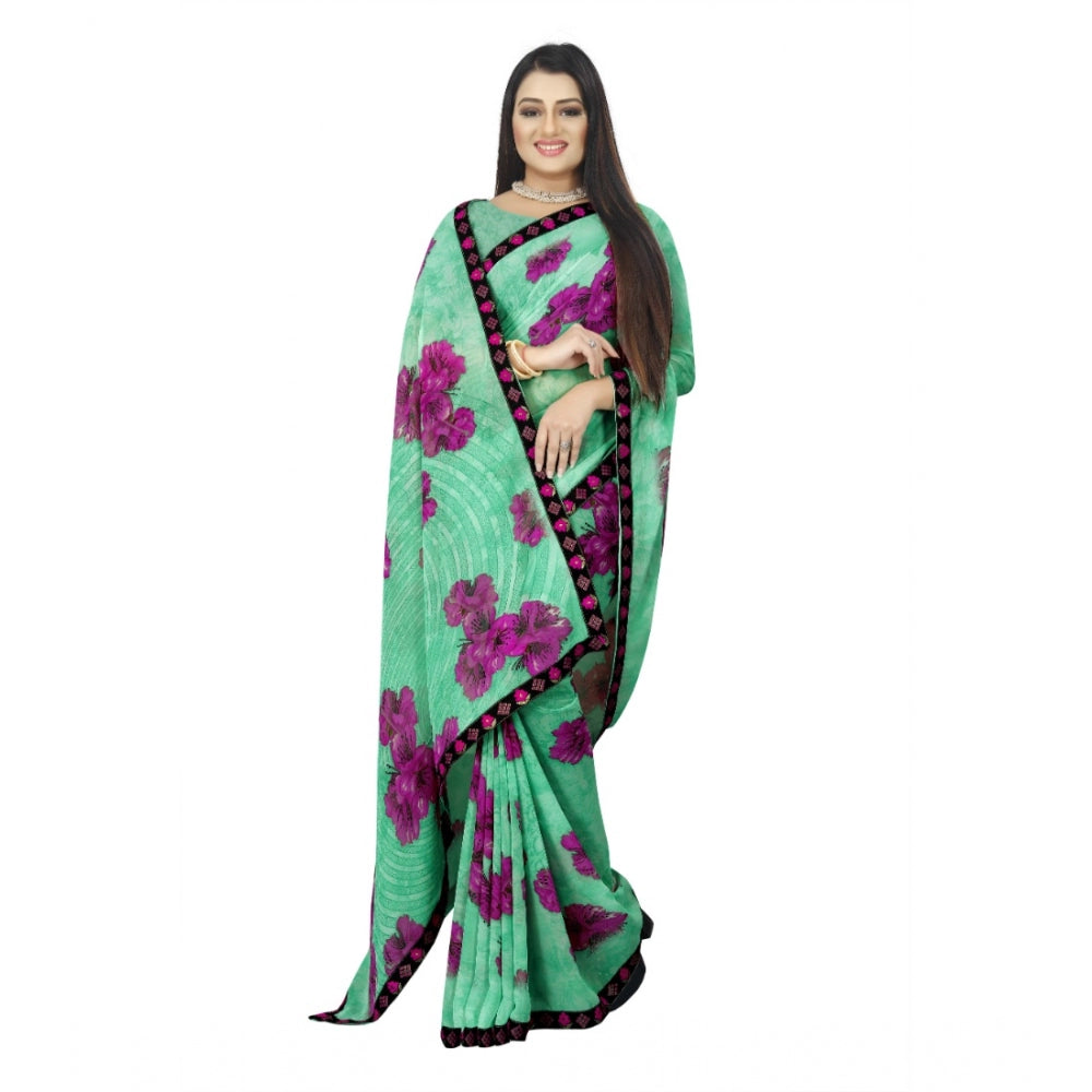 Women's Georgette Floral Print Saree With Unstitched Blouse 5.5Mtr (Green)