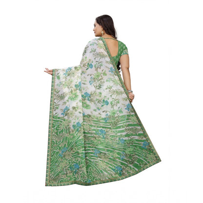 Women's Georgette Floral Print Saree With Unstitched Blouse 5.5Mtr (Green)