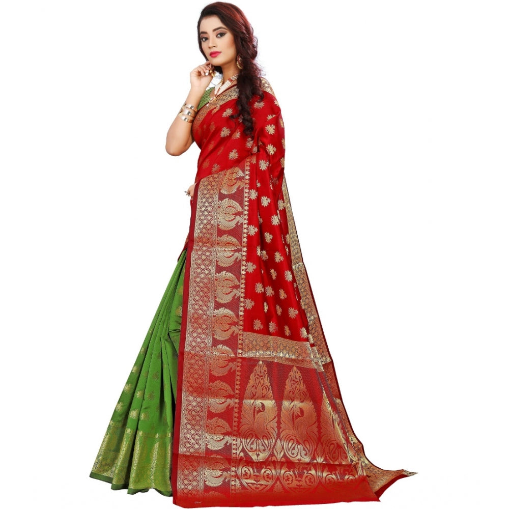 Women's Jacquard Woven Saree With Unstitched Blouse 5.5Mtr (Red)