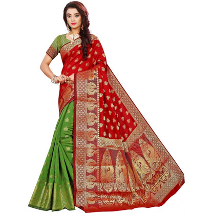 Women's Jacquard Woven Saree With Unstitched Blouse 5.5Mtr (Red)