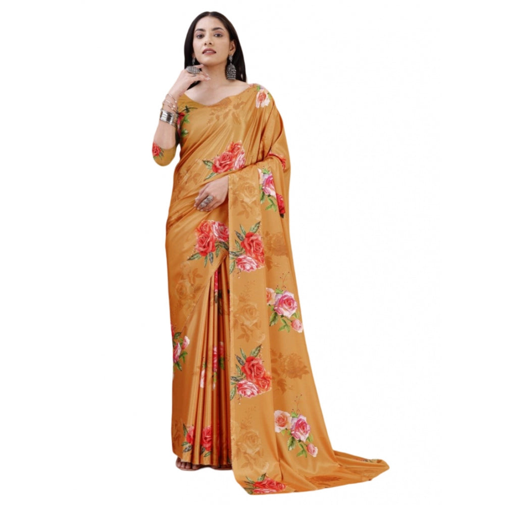 Women's Crepe Digital Print Saree With Unstitched Blouse 5.5Mtr (Mustard)