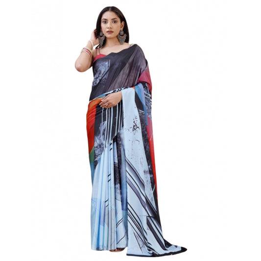 Women's Crepe Digital Print Saree With Unstitched Blouse 5.5Mtr (Light Blue)