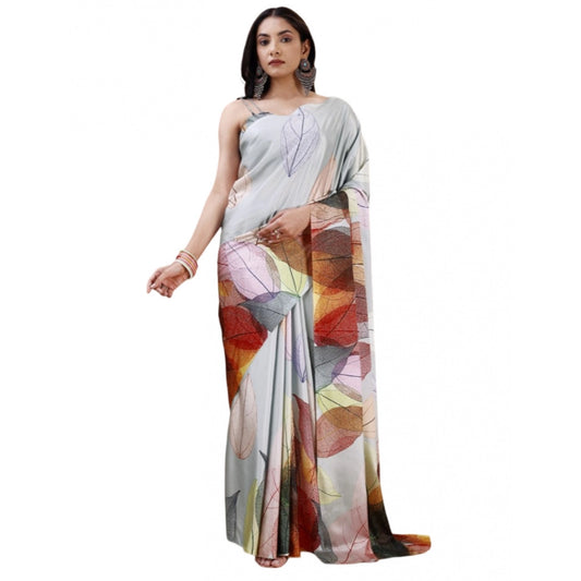 Women's Crepe Digital Print Saree With Unstitched Blouse 5.5Mtr (Silver)