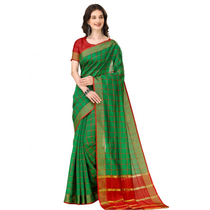 Women's Cotton Silk Checkered Saree With Unstitched Blouse 5.5Mtr (Dark Green)