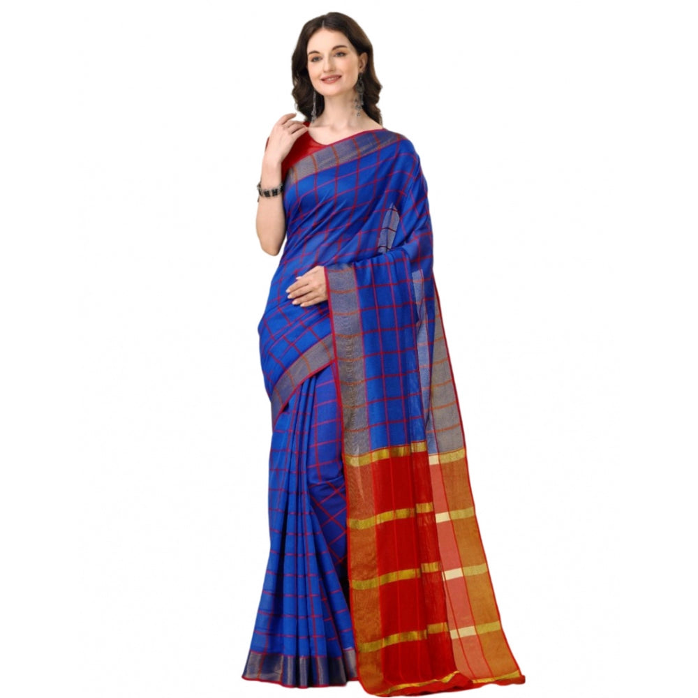 Women's Cotton Silk Checkered Saree With Unstitched Blouse 5.5Mtr (Blue)