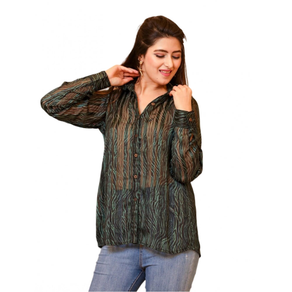 Women's Chiffon Striped Full Sleeve Collared Shirt Top (Green)