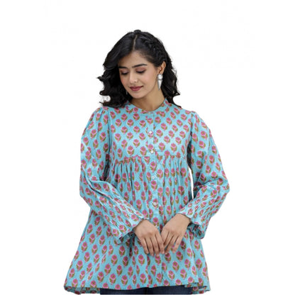 Generic Women's Cotton Printed Full Sleeve Mandarin collar Tunics (Turquoise)