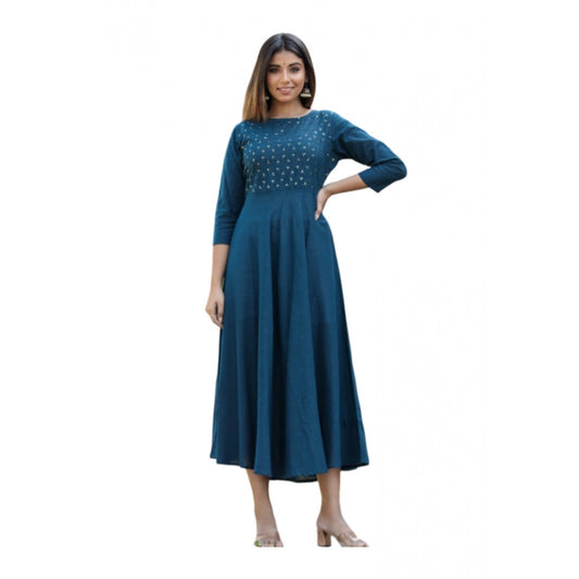 Generic Women's Cotton Solid 3/4 Sleeve Round Neck Kurti (Blue)