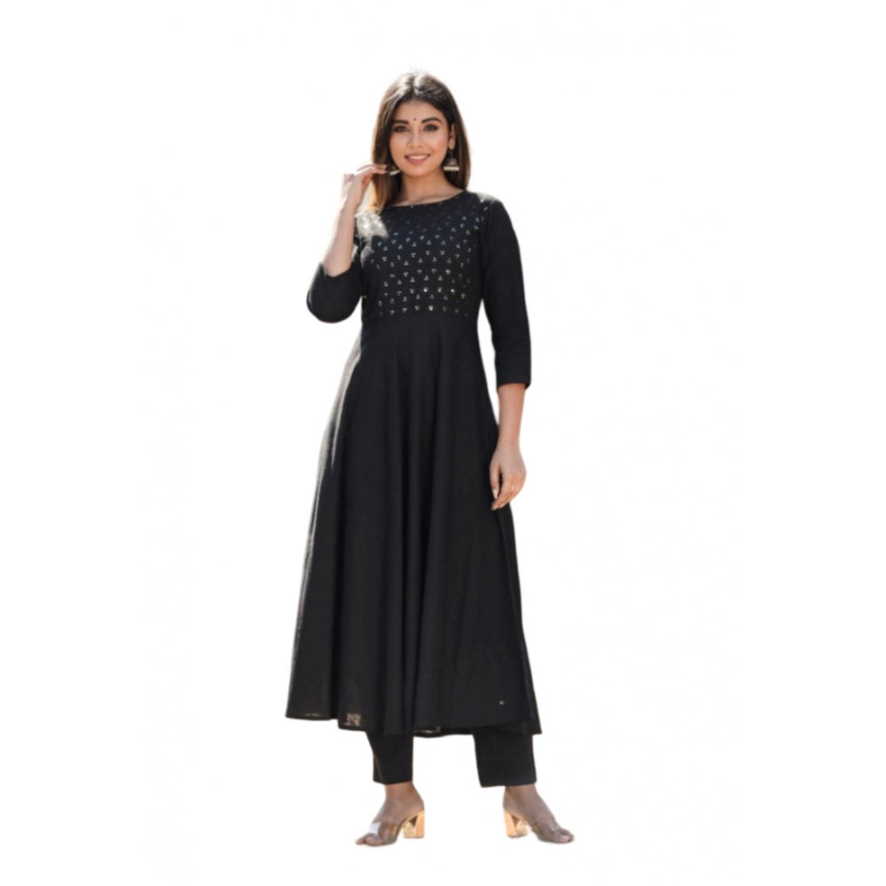 Generic Women's Cotton Solid 3/4 Sleeve Round Neck Kurti (Black)