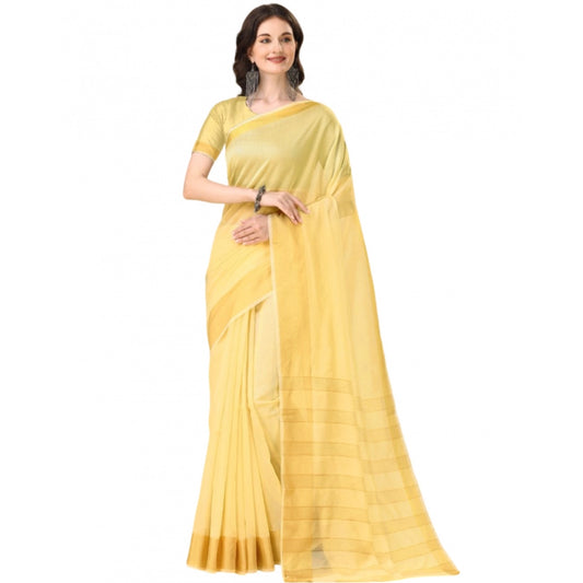 Women's Cotton Silk Striped Saree With Unstitched Blouse 5.5Mtr (Yellow)