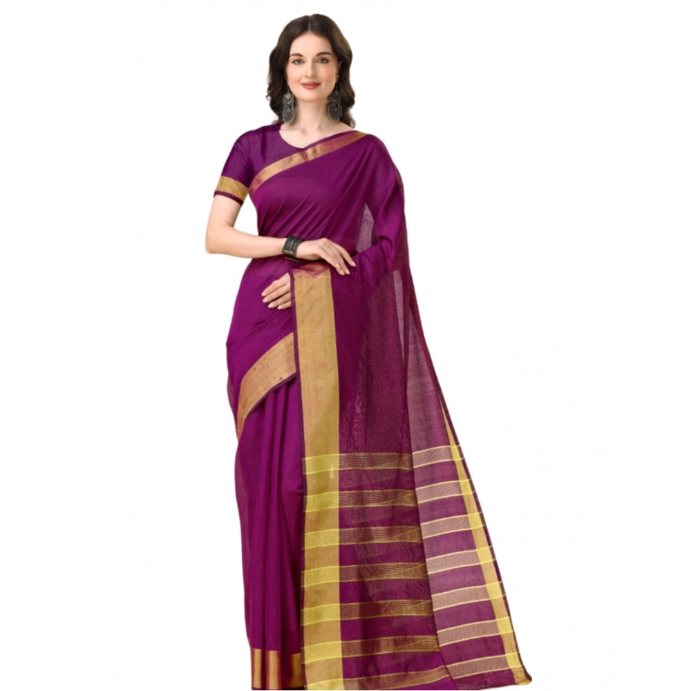 Women's Cotton Silk Striped Saree With Unstitched Blouse 5.5Mtr (Purple)