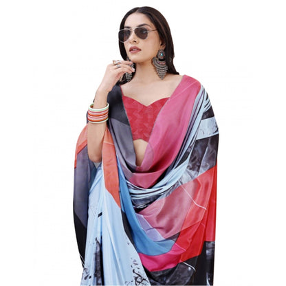 Women's Crepe Digital Print Saree With Unstitched Blouse 5.5Mtr (Light Blue)