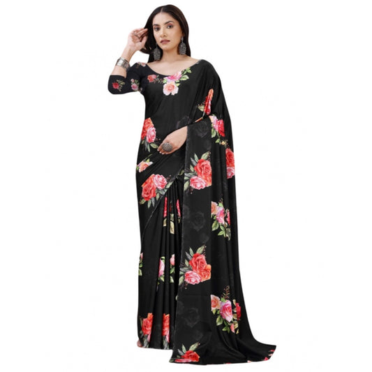 Women's Crepe Digital Print Saree With Unstitched Blouse 5.5Mtr (Black)