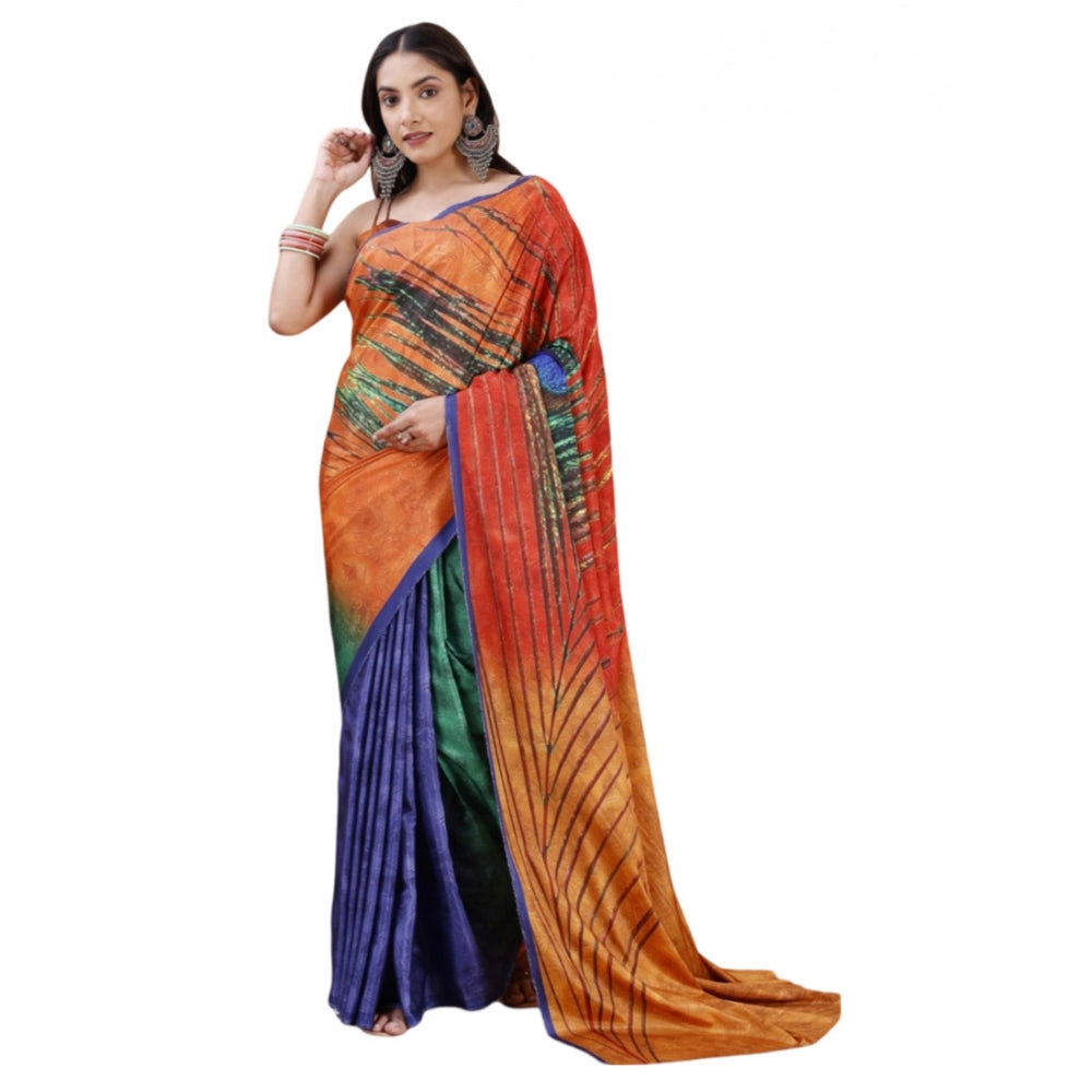 Women's Crepe Digital Print Saree With Unstitched Blouse 5.5Mtr (Orange)