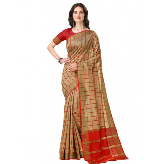 Women's Cotton Silk Checkered Saree With Unstitched Blouse 5.5Mtr (Brown)