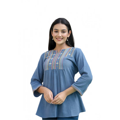 Generic Women's Cotton Embroidered 3/4 Sleeve V-Neck Top (Blue)