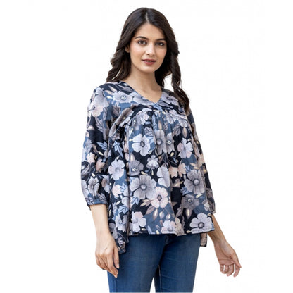 Women's Cotton Printed 3/4 Sleeve V-Neck Top (Black)