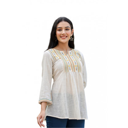 Women's Cotton Embroidered 3/4 Sleeve V-Neck Top (Off White)