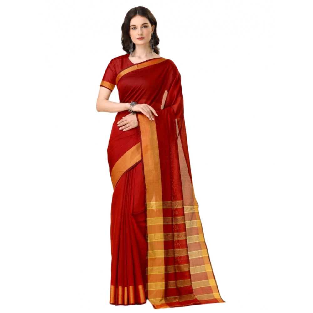 Women's Cotton Silk Striped Saree With Unstitched Blouse 5.5Mtr (Red)