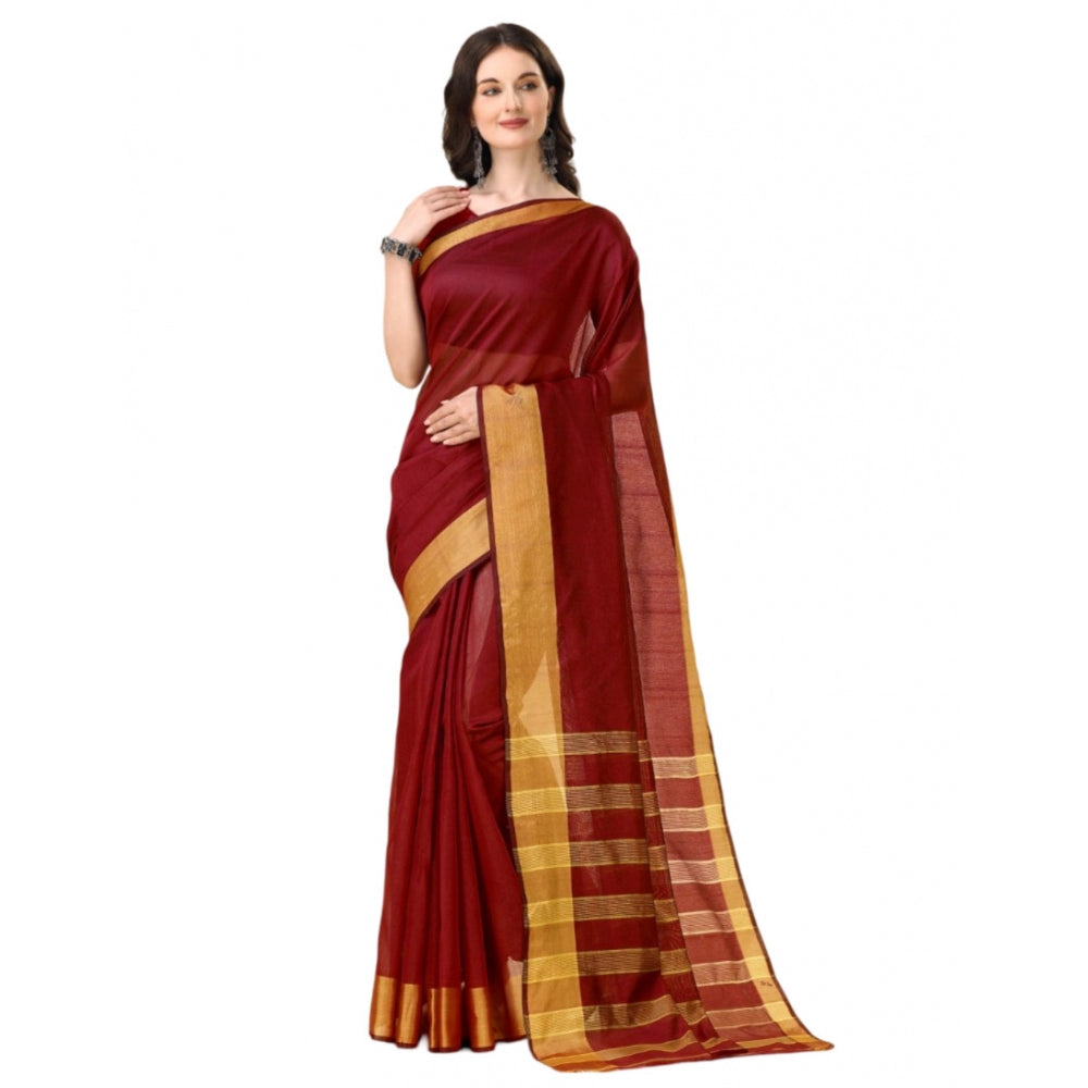 Women's Cotton Silk Striped Saree With Unstitched Blouse 5.5Mtr (Maroon)