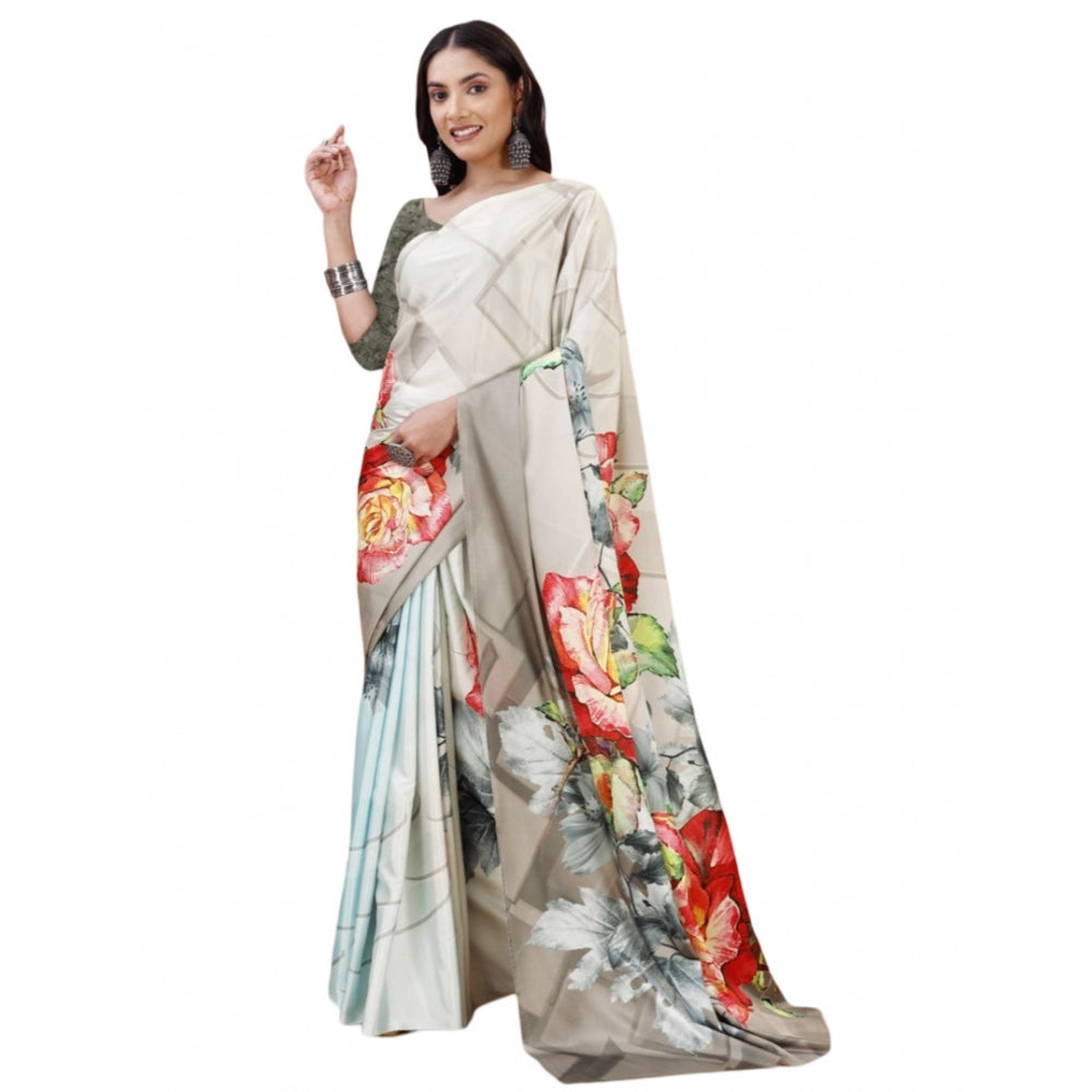 Women's Crepe Digital Print Saree With Unstitched Blouse 5.5Mtr (Grey)