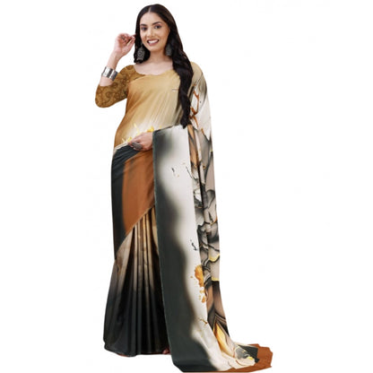 Women's Crepe Digital Print Saree With Unstitched Blouse 5.5Mtr (Brown)