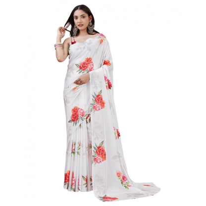 Women's Crepe Digital Print Saree With Unstitched Blouse 5.5Mtr (Cream)