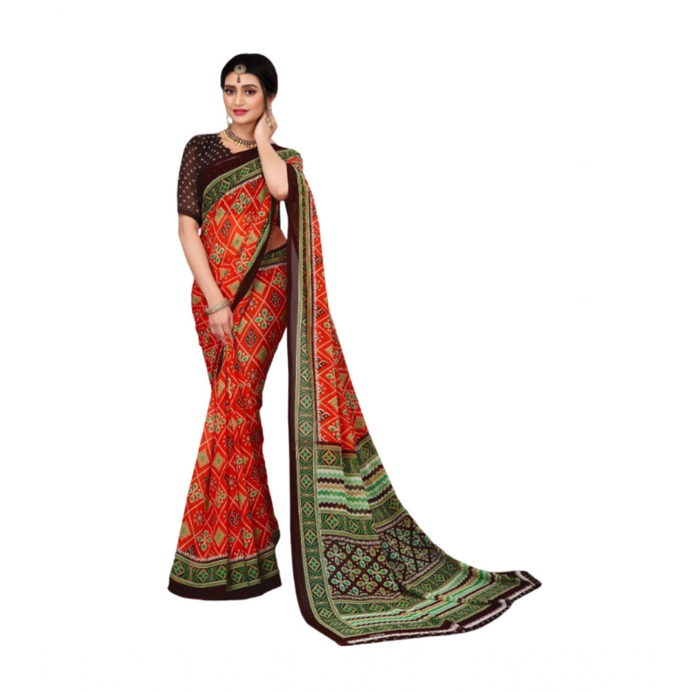 Women's Georgette Floral Print Saree With Unstitched Blouse 5.5Mtr (Red)