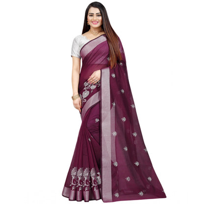 Women's Cotton Silk Embroidered Saree With Unstitched Blouse 5.5Mtr (Purple)