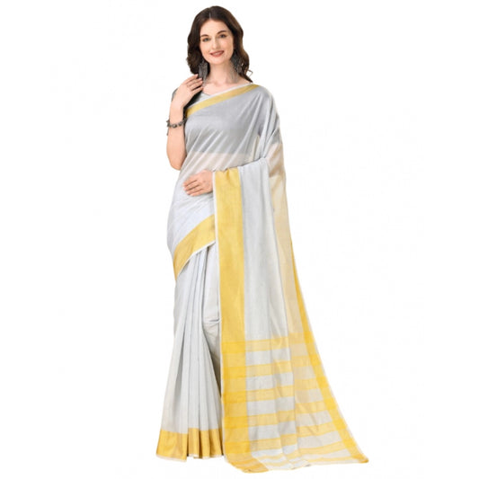 Women's Cotton Silk Striped Saree With Unstitched Blouse 5.5Mtr (Silver)