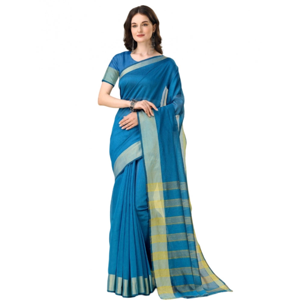 Women's Cotton Silk Striped Saree With Unstitched Blouse 5.5Mtr (Light Blue)