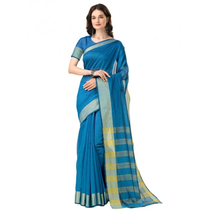 Women's Cotton Silk Striped Saree With Unstitched Blouse 5.5Mtr (Light Blue)