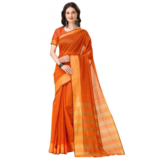 Women's Cotton Silk Striped Saree With Unstitched Blouse 5.5Mtr (Orange)