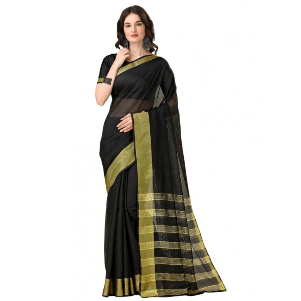 Women's Cotton Silk Striped Saree With Unstitched Blouse 5.5Mtr (Black)