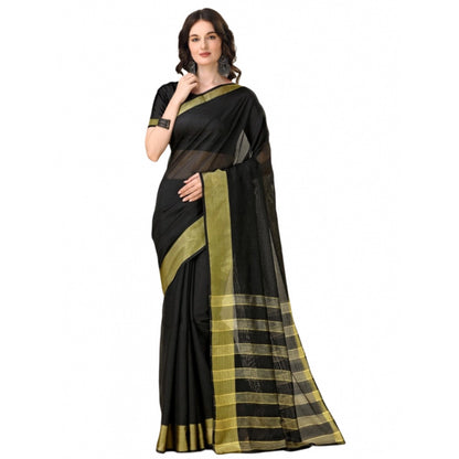 Women's Cotton Silk Striped Saree With Unstitched Blouse 5.5Mtr (Black)