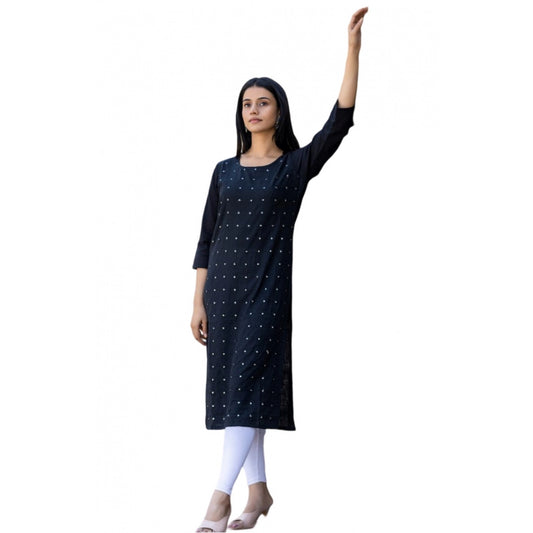 Generic Women's Cotton Solid 3/4 Sleeve Round Neck Kurti (Black)