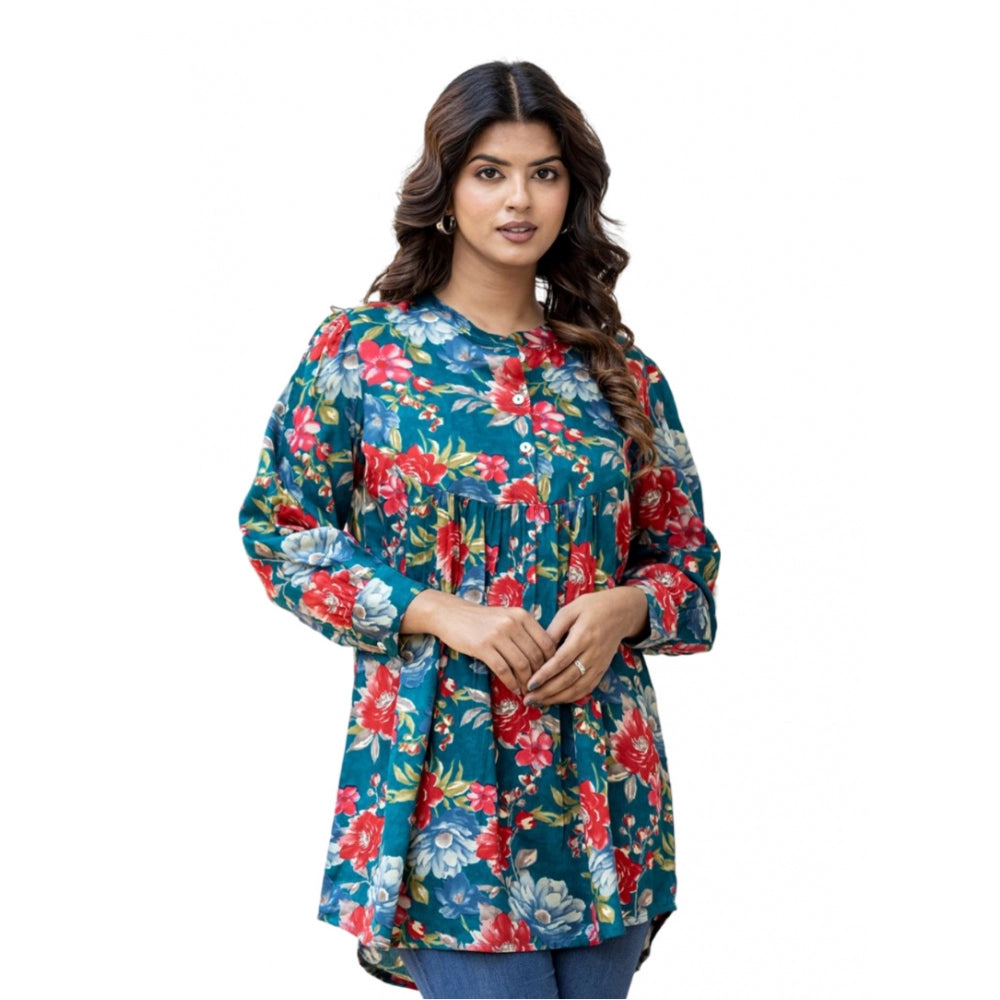 Women's Cotton Printed Full Sleeve Mandarin collar Top (Sea Green)