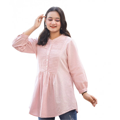 Women's Cotton Solid Full Sleeve Band collar Tunic (Peach)