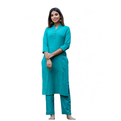 Generic Women's Cotton Solid 3/4 Sleeve Mandarin collar Kurti (Green)