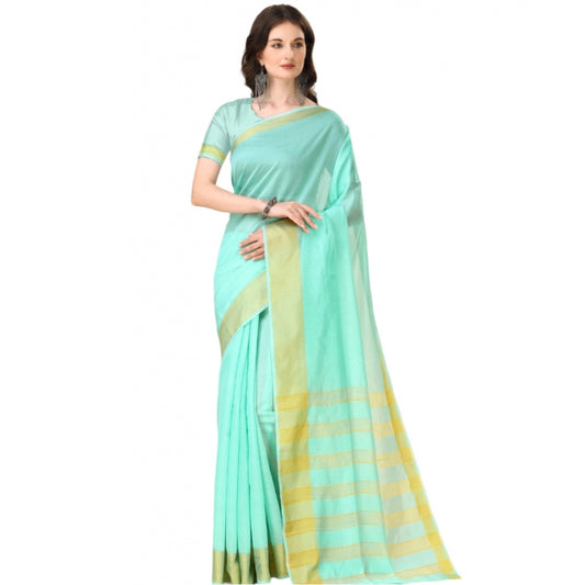 Women's Cotton Silk Striped Saree With Unstitched Blouse 5.5Mtr (Blue)