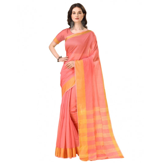 Women's Cotton Silk Striped Saree With Unstitched Blouse 5.5Mtr (Pink)