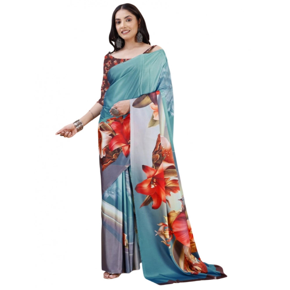 Women's Crepe Digital Print Saree With Unstitched Blouse 5.5Mtr (Blue)