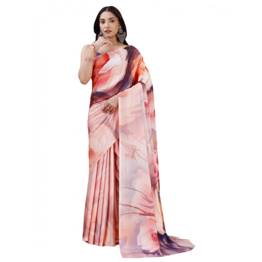 Women's Crepe Digital Print Saree With Unstitched Blouse 5.5Mtr (Pink)