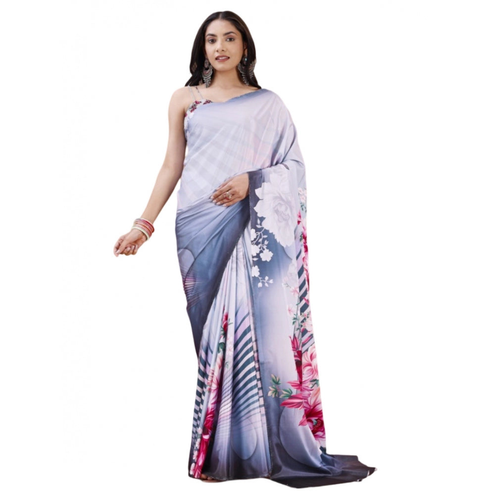 Women's Crepe Digital Print Saree With Unstitched Blouse 5.5Mtr (Grey)