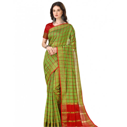 Women's Cotton Silk Checkered Saree With Unstitched Blouse 5.5Mtr (Green)