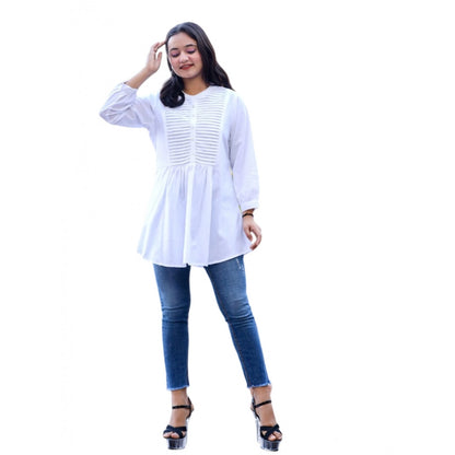 Generic Women's Cotton Solid Full Sleeve Band collar Tunic (White)