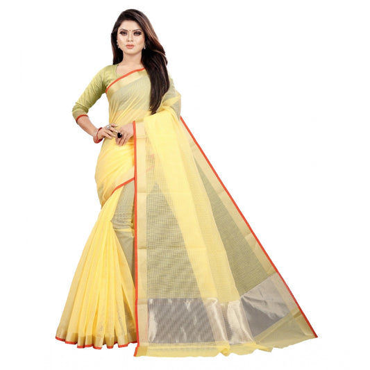 Women's Silk Blend Striped Saree With Unstitched Blouse 5.5Mtr (Yellow)