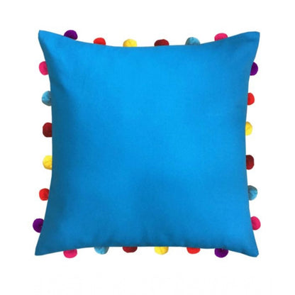 Cotton Solid Pom Pom Cushion Covers (Blue, Size: 18x18 In)